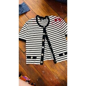 MAJE Black White Striped Gold Button Detail Cardigan Cropped Size 2 FLAWED